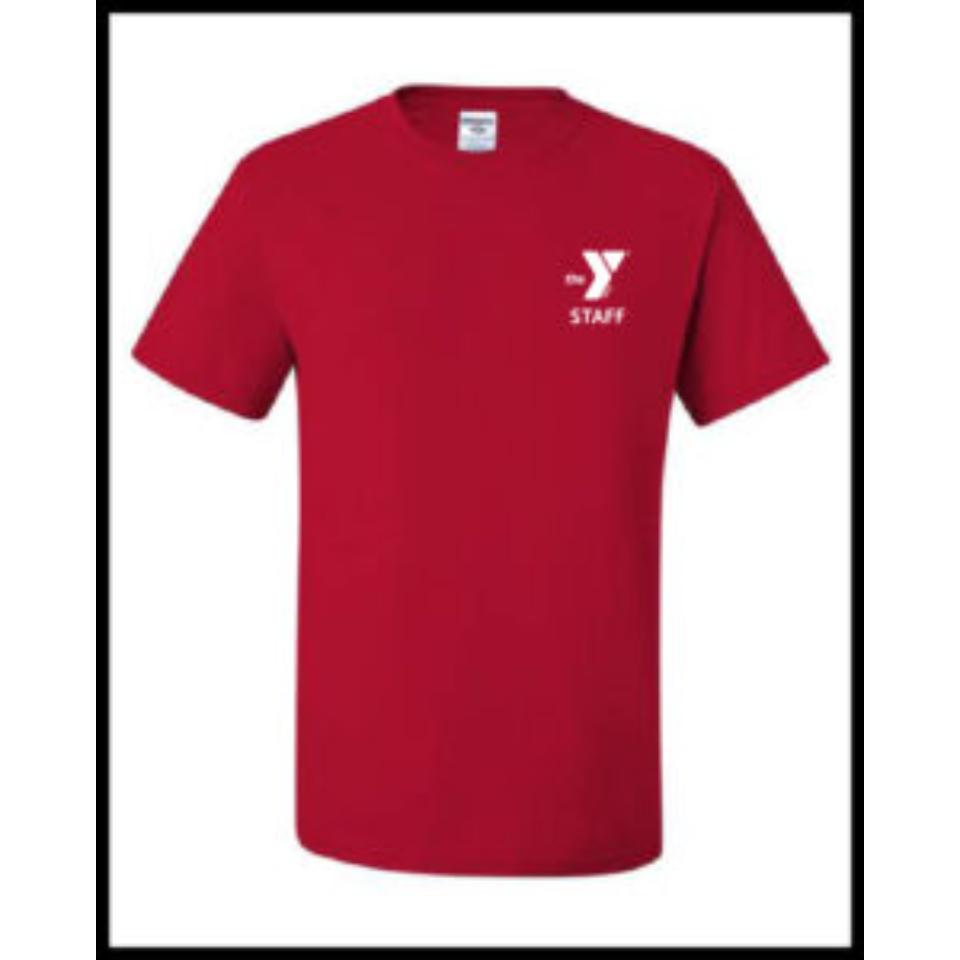 Red YMCA staff shirt