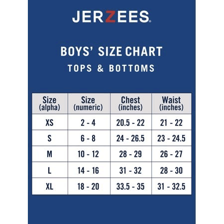 St. Paul's Jerzees tops and bottoms sizing chart