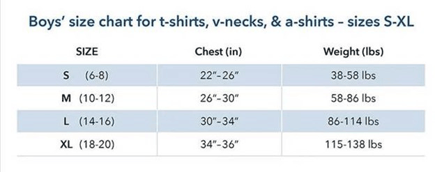 St. Paul's youth t-shirt sizing chart